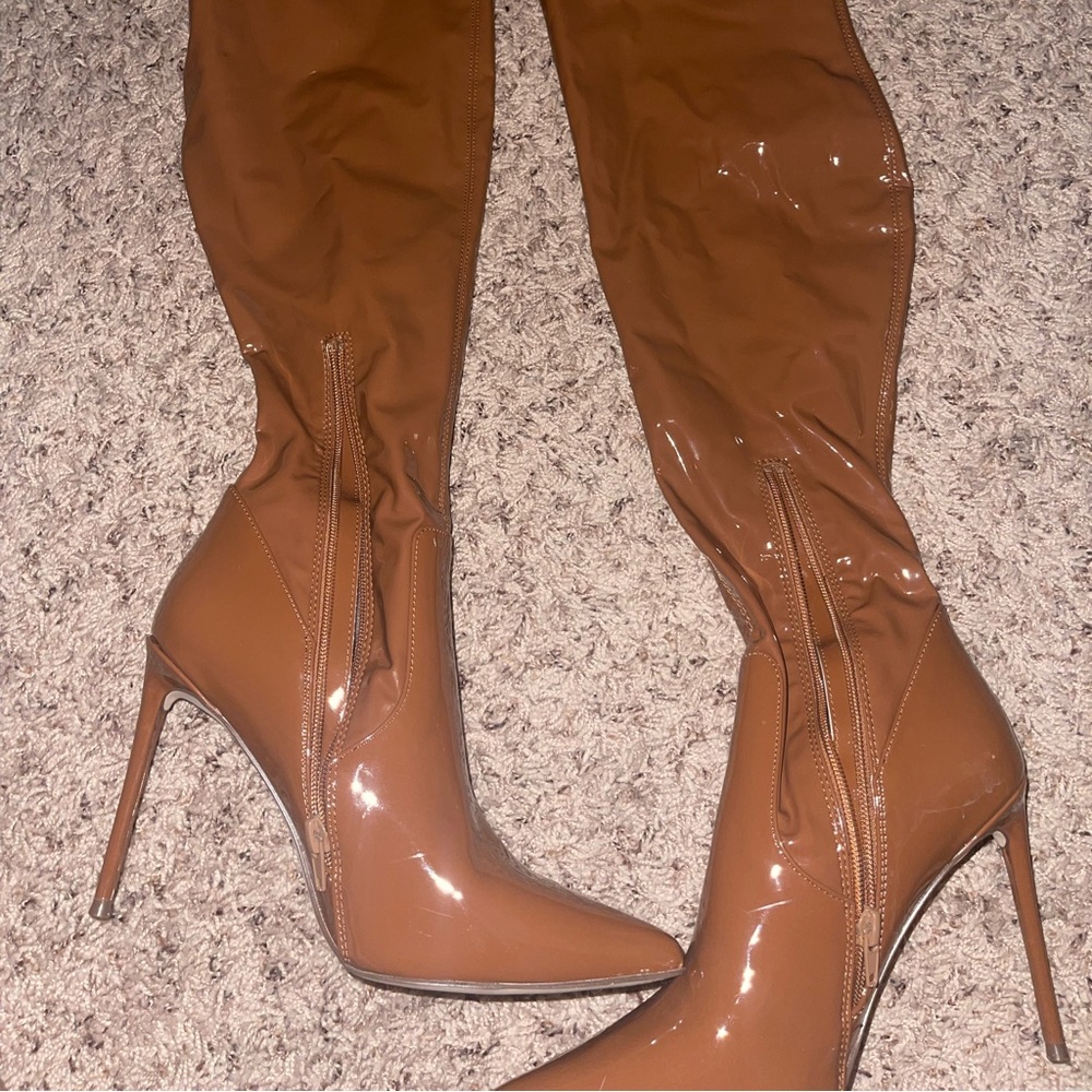 Steve Madden Viktor Cognac Patent Thigh High Boots Heels Booties 9
